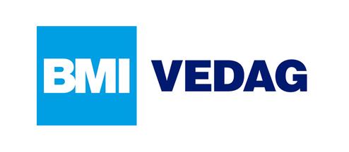 Logo von BMI VEDAG mit blauer und schwarzer Schrift auf weißem Hintergrund.